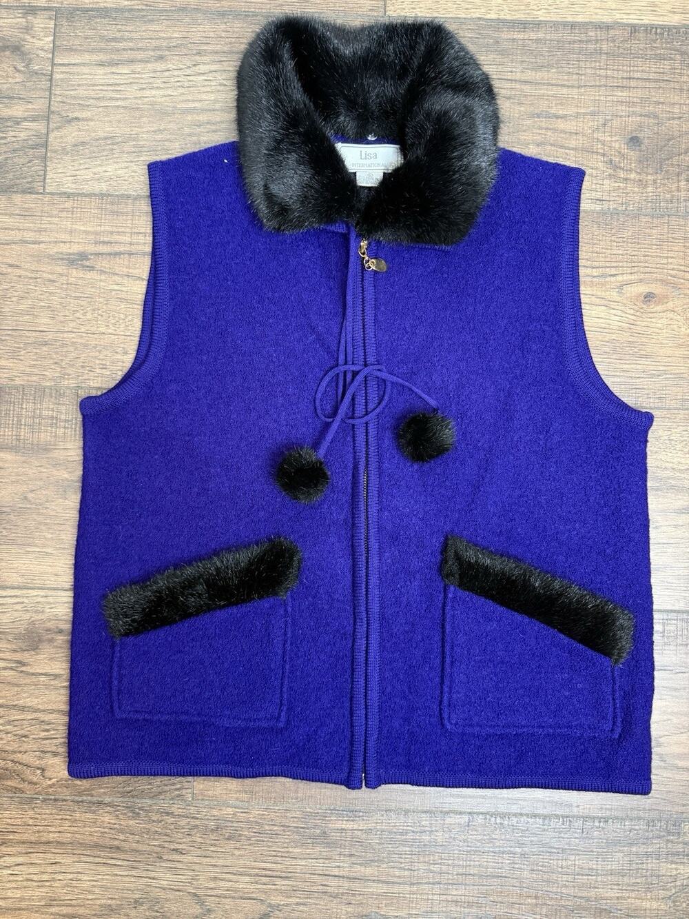 Vintage Lisa International Purple Boiled Wool Vest with Faux Fur Collar Sz Large